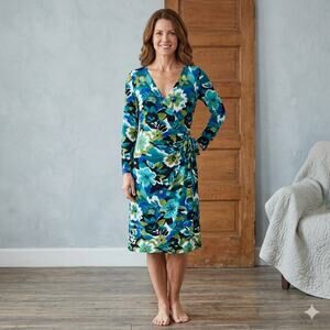 LILY‎ Floral Wrap Dress Large Blue Green Black Long Sleeve Jersey Stretch Midi